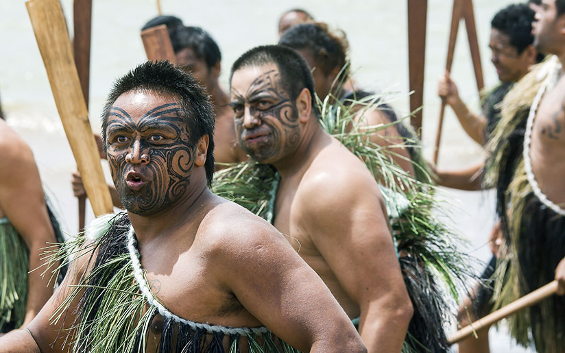 Photo of Maori warriors with face paintings at Waitangi