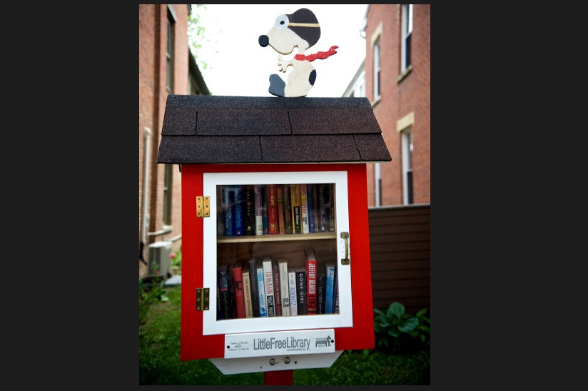 Photo of books behind a glass door underneath the roof of Snoopy’s doghouse