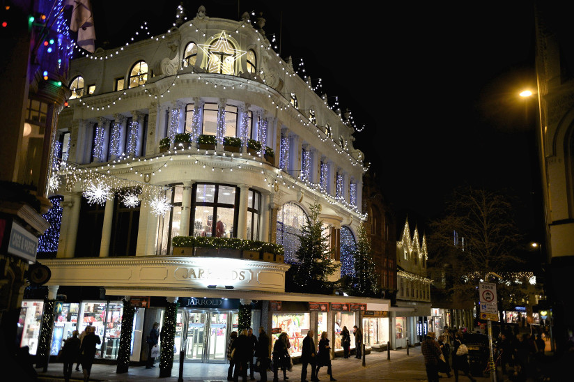 Photo of a department store decorated with Christmas lights in Norwich, England